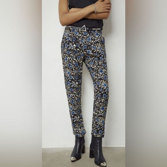 IKKS Floral Pants Pleated Front Pockets Black Blue 6 - Picture 1 of 10